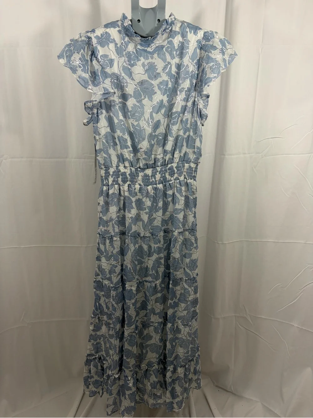 NWT MSK Petite Women’s Size Petite Large Blue Floral Tie-Neck Ruffle Maxi Dress